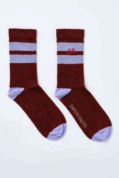 calf length socks - burgundy & lilac stripe