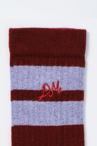 calf length socks - burgundy & lilac stripe