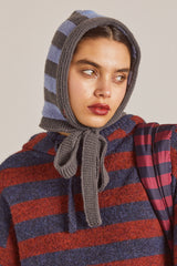 tie neck bonnet in grey & blue stripe
