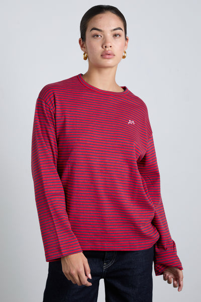 red and navy  stripe long sleeve top