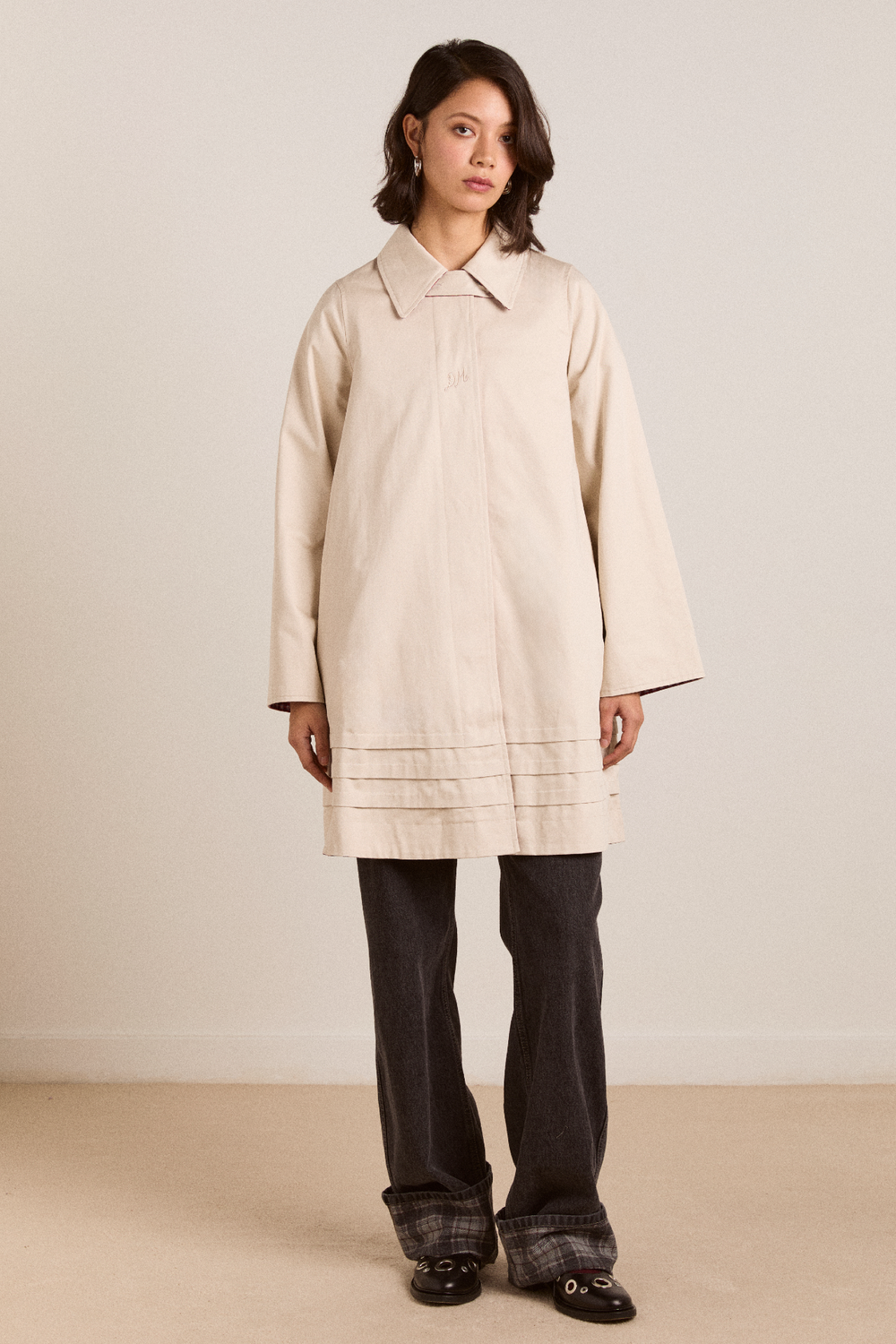 mercedes bow reversible trench - gingham & ecru