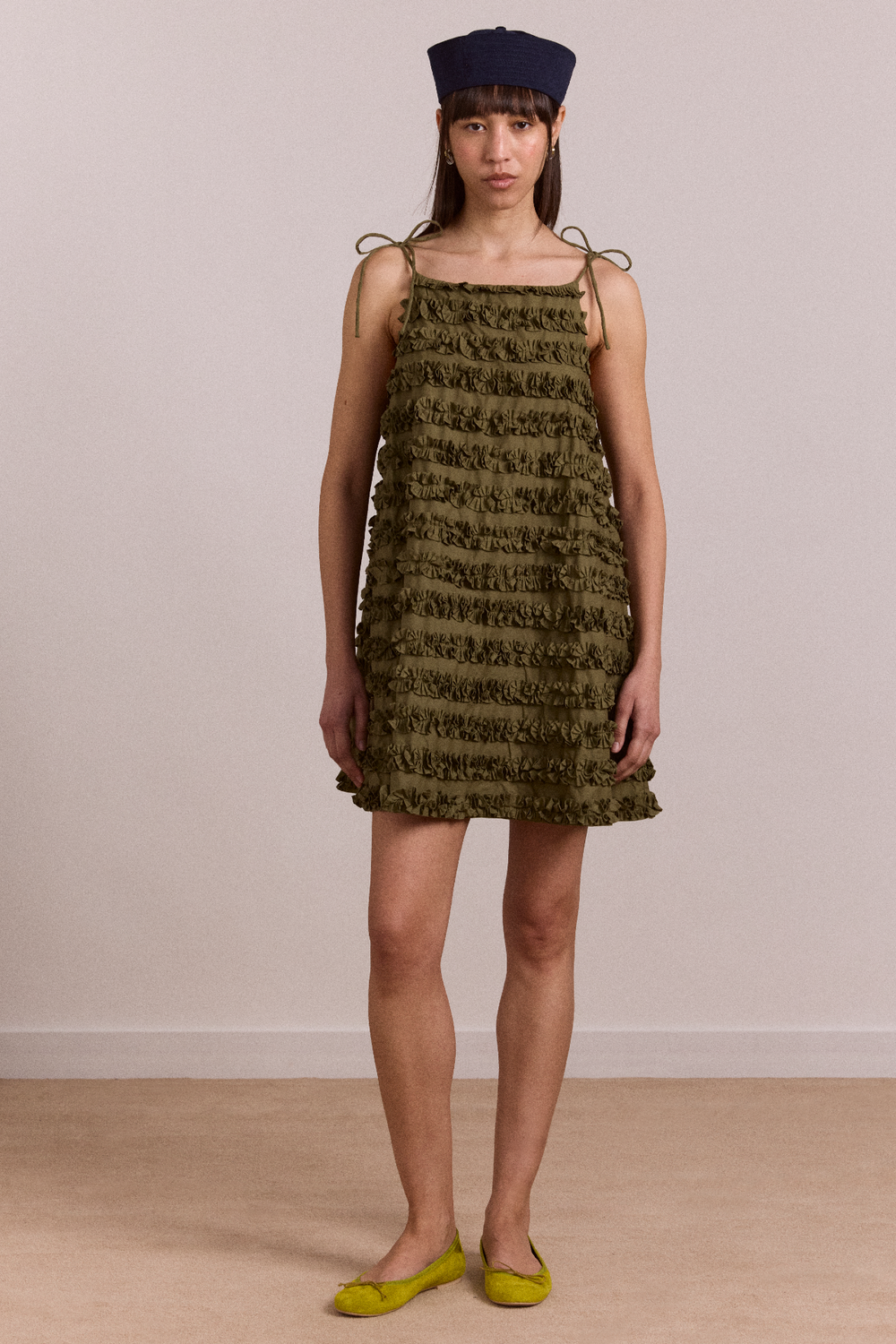 leili ruffle mini dress- olive