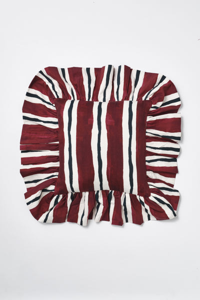 frilly cushion - burgundy stripe
