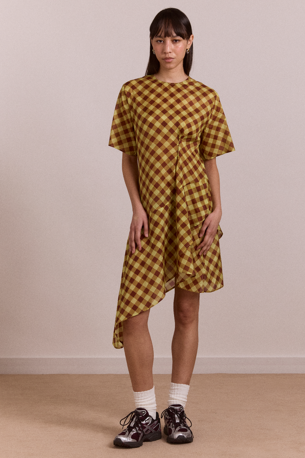 harmony sheer midi dress - choc avo gingham