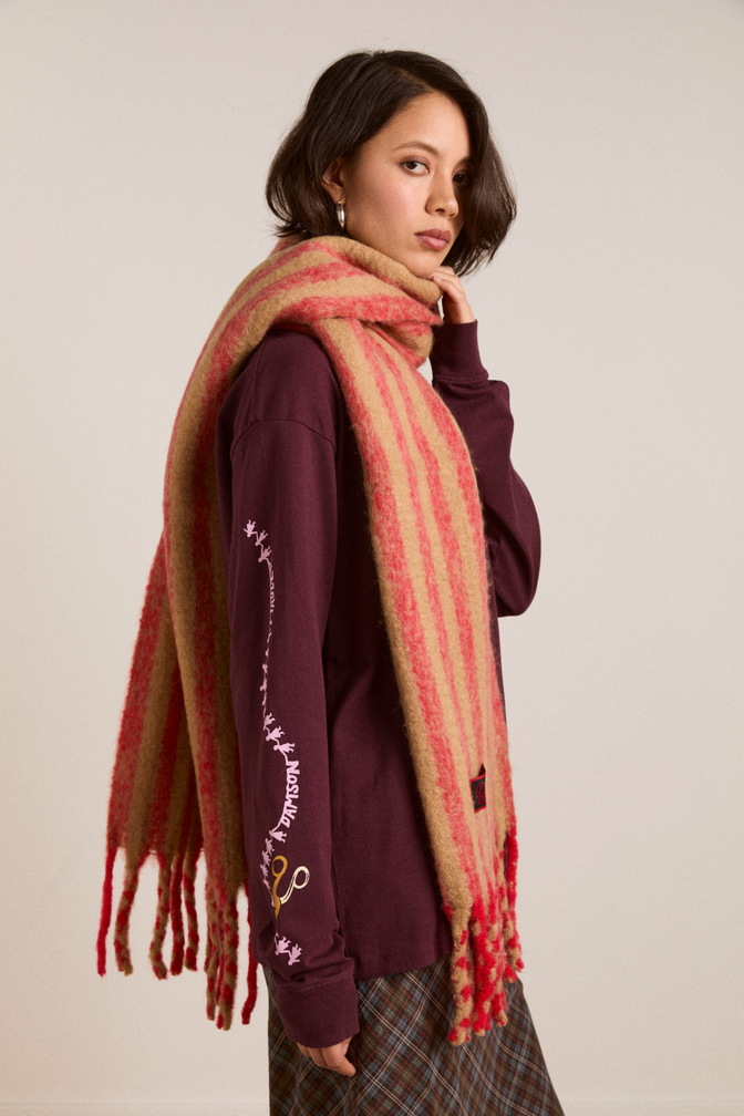 fluffy stripe scarf in red & camel stripe