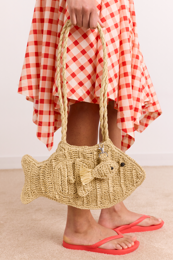 raffia fish bag with bag charm - natural