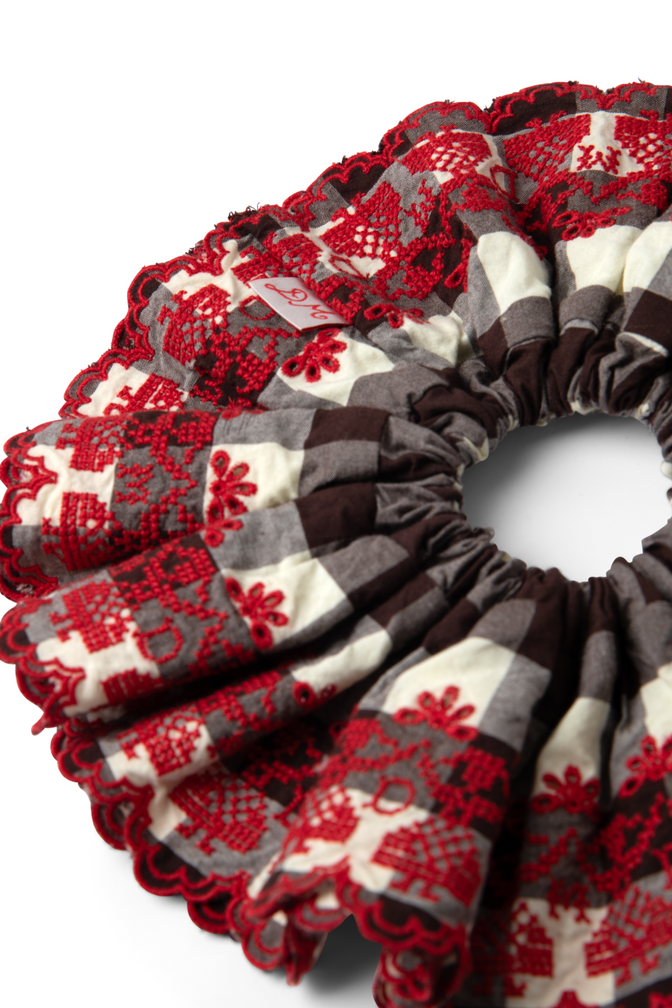 embroidered girls scrunchie - butter gingham