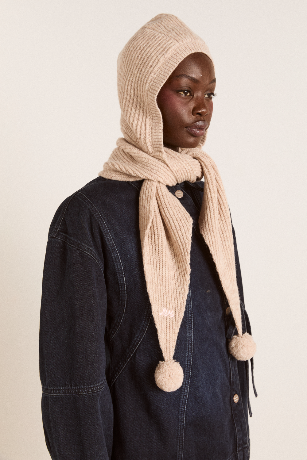 tie front hood with pom pom detail - oatmeal