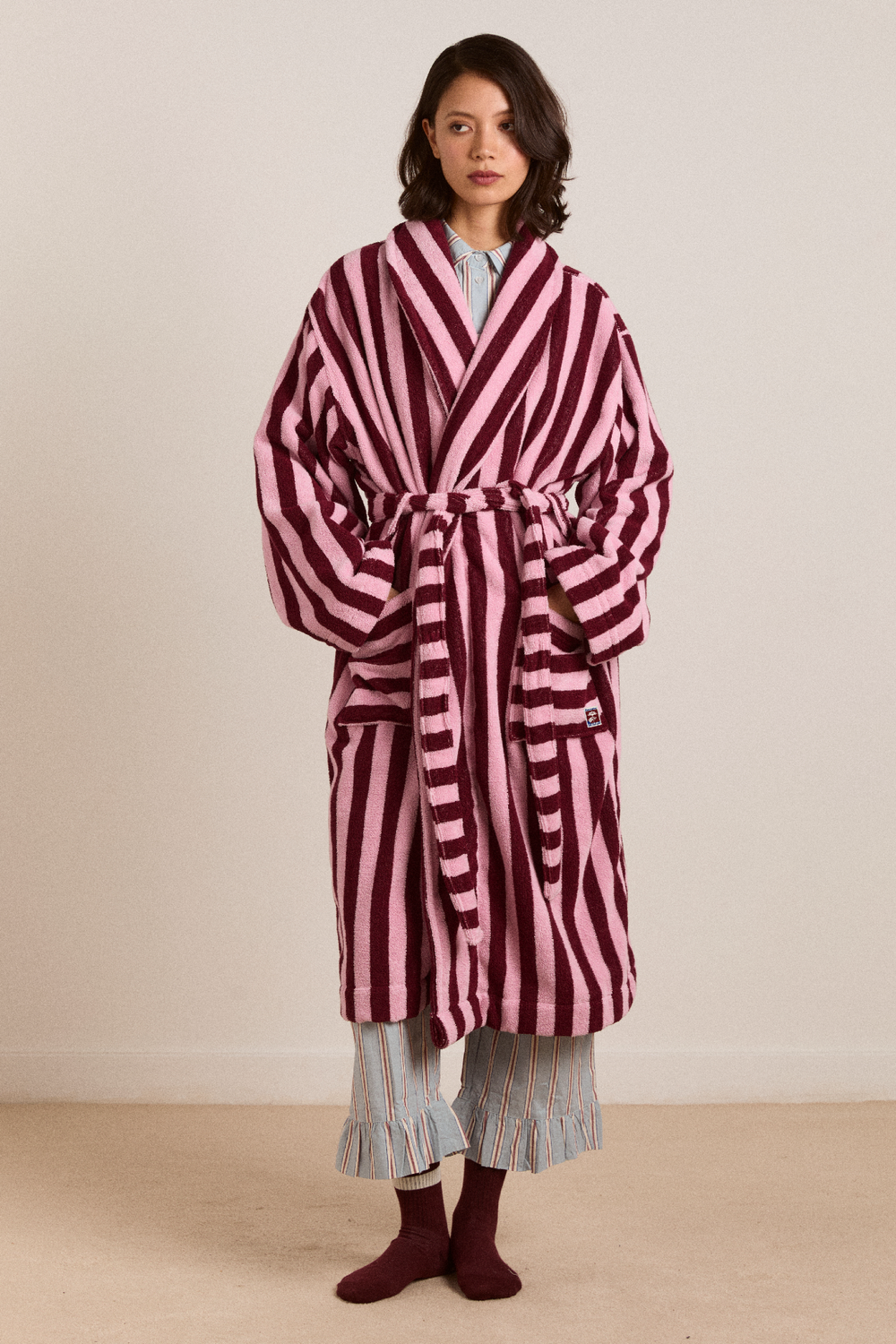 towelling robe - burgundy stripe