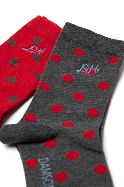 2 pack socks in red & charcoal spot