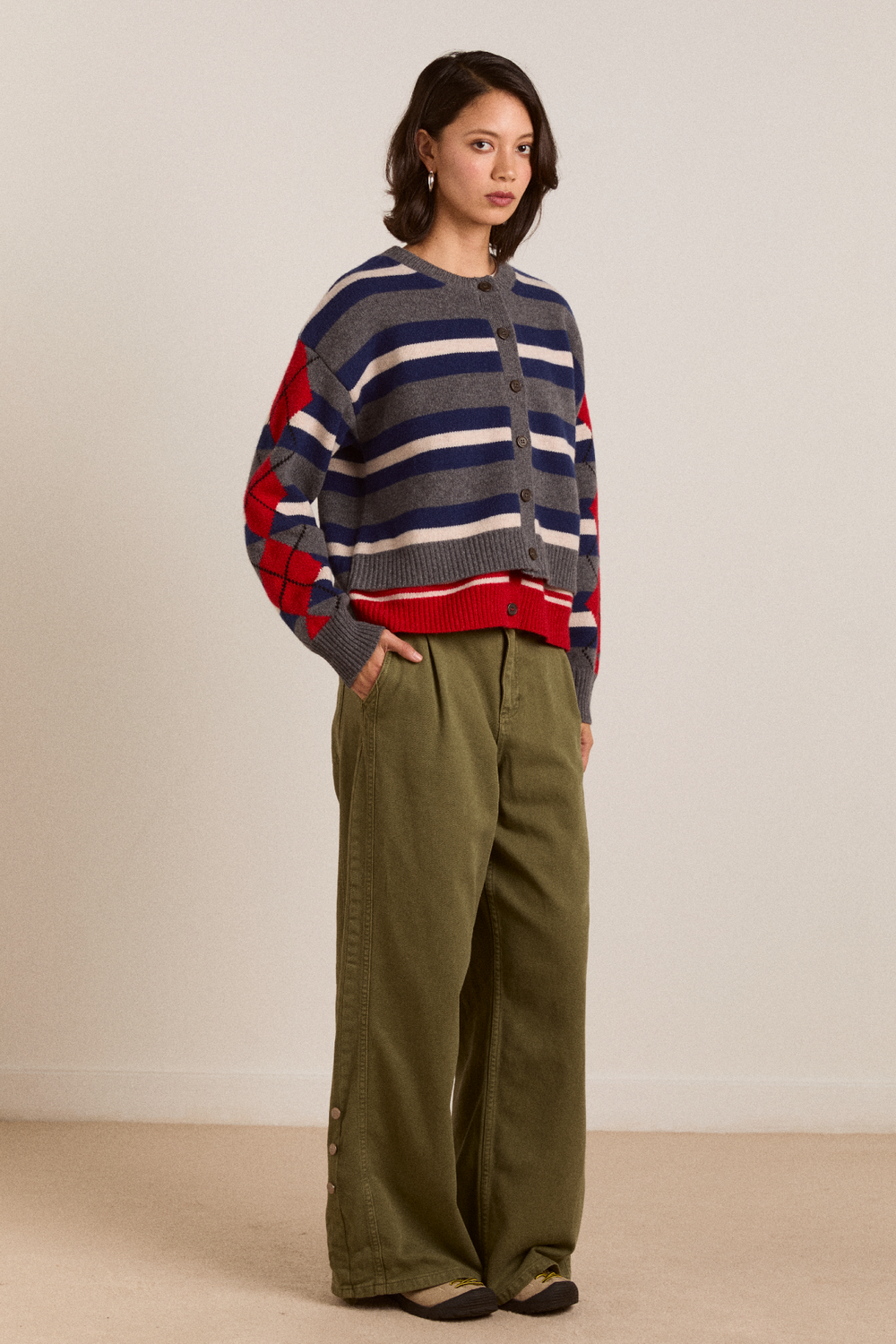 didi merino wool double cardigan - navy argyle & stripe