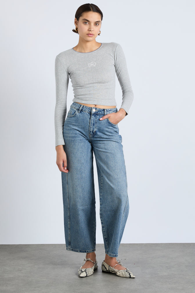 Lua Long Sleeve Pointelle Top - Grey Marl