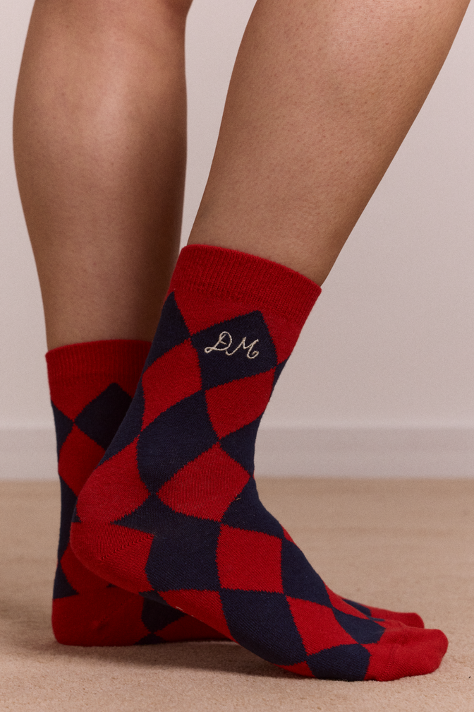 calf length socks - navy & red harlequin