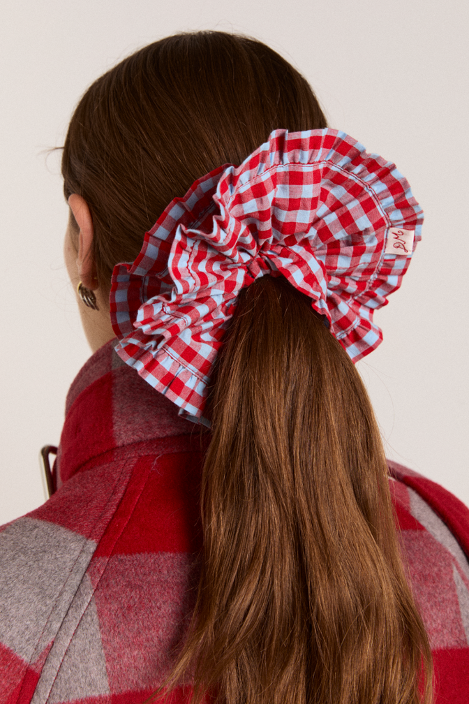frill edge scrunchie - blue & red gingham