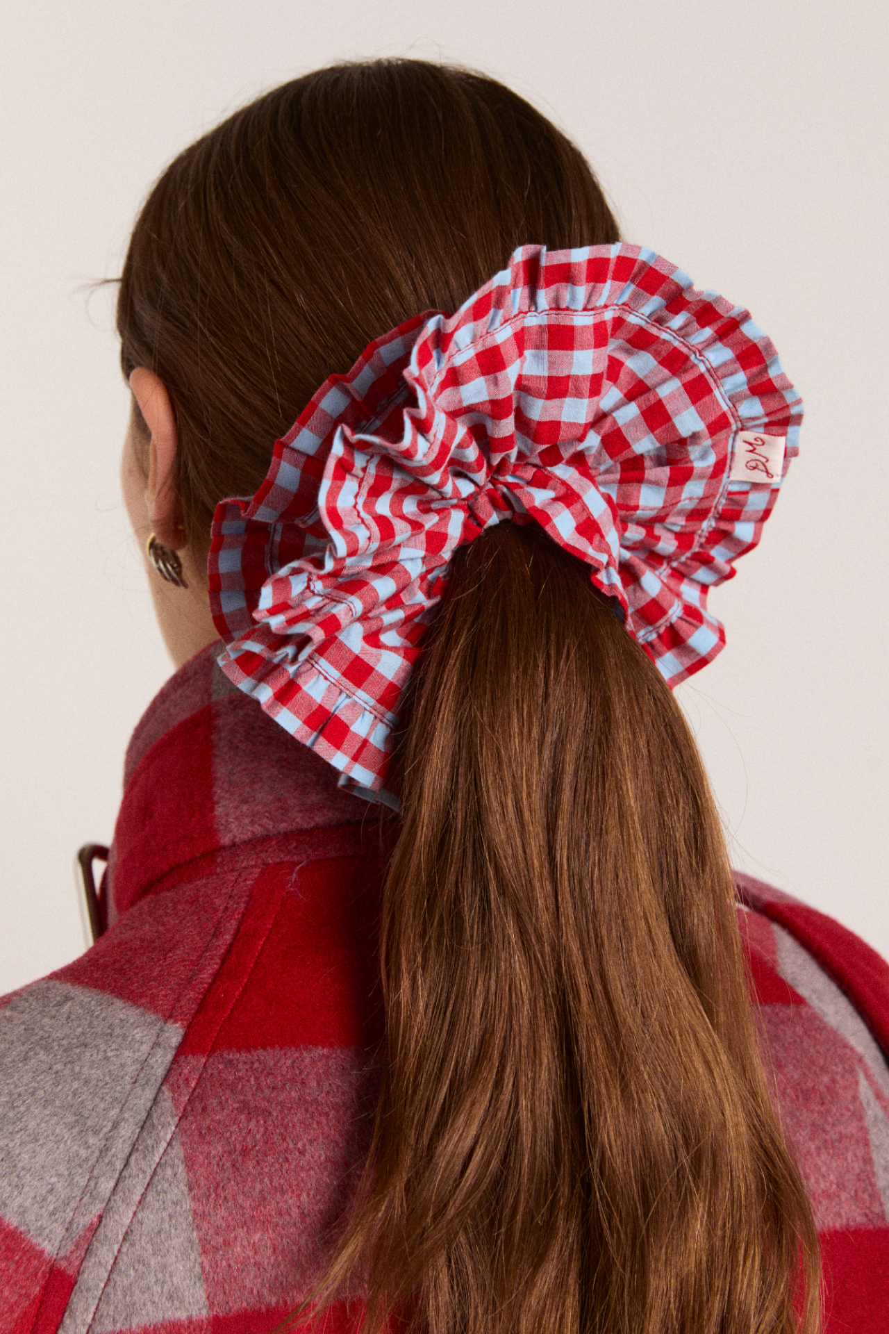 frill edge scrunchie - blue & red gingham – Damson Madder