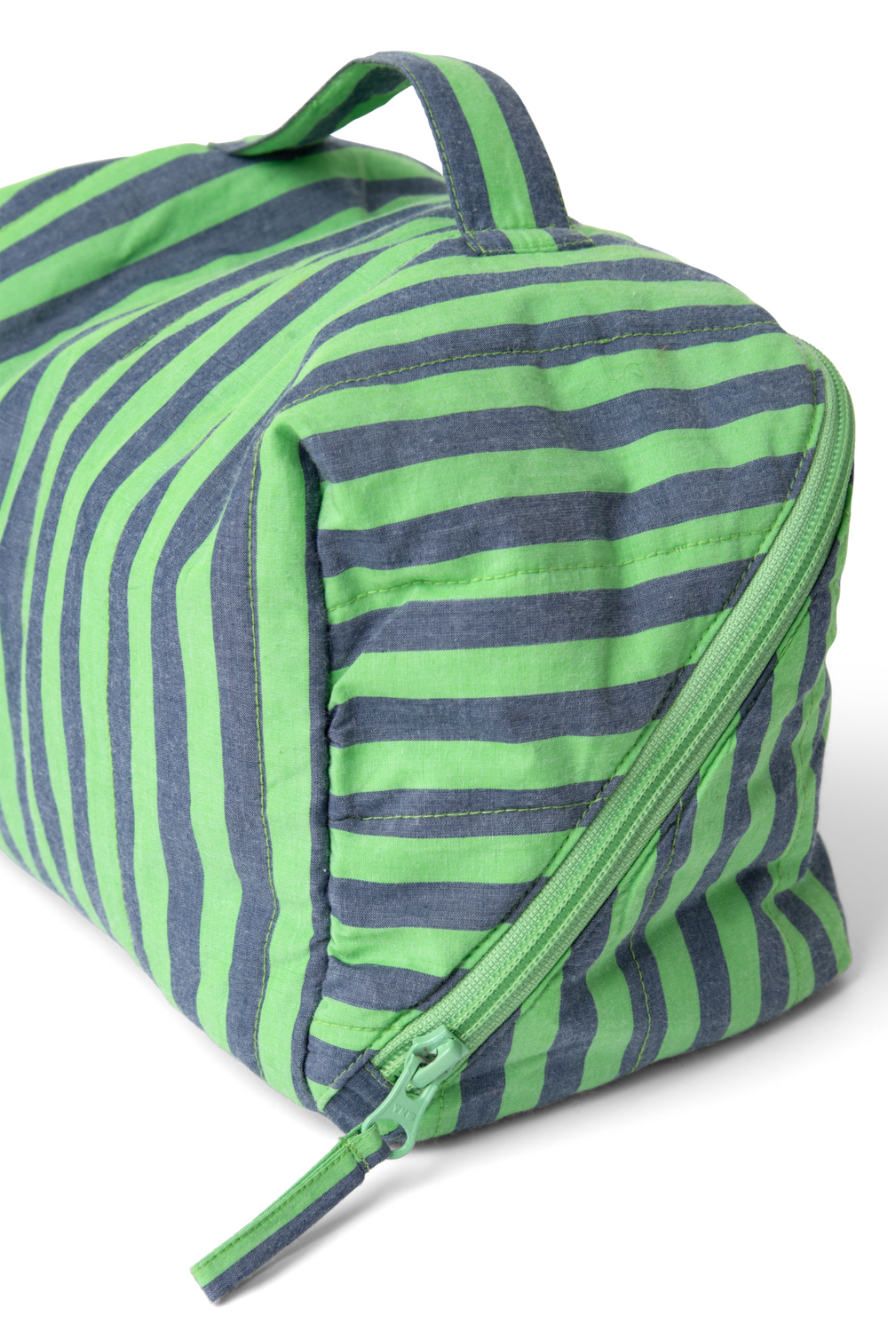 quilted make up bag - navy pop green stripe