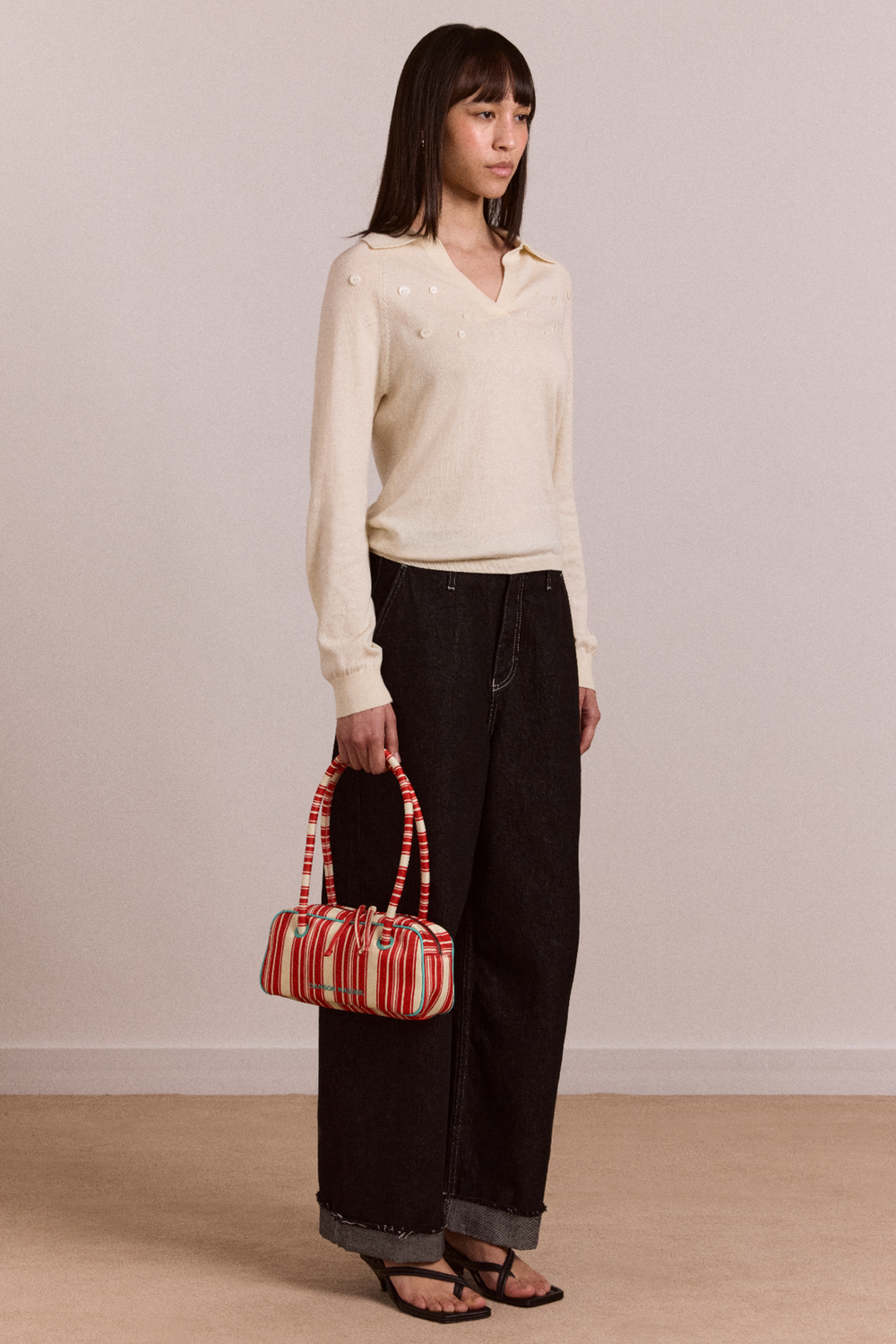 silvia cotton merino blend button knitted top - cream