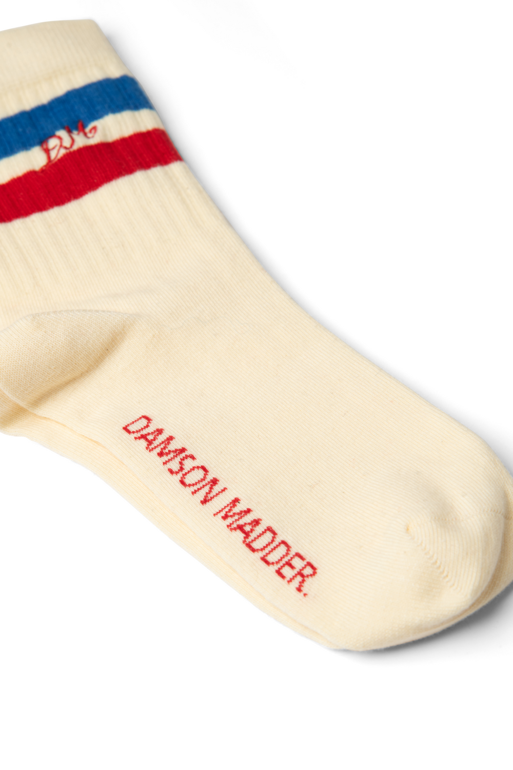 sporty calf length socks in cream - blue & red stripe
