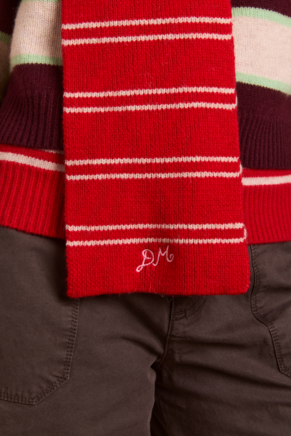 hooded scarf - red & oatmeal stripe