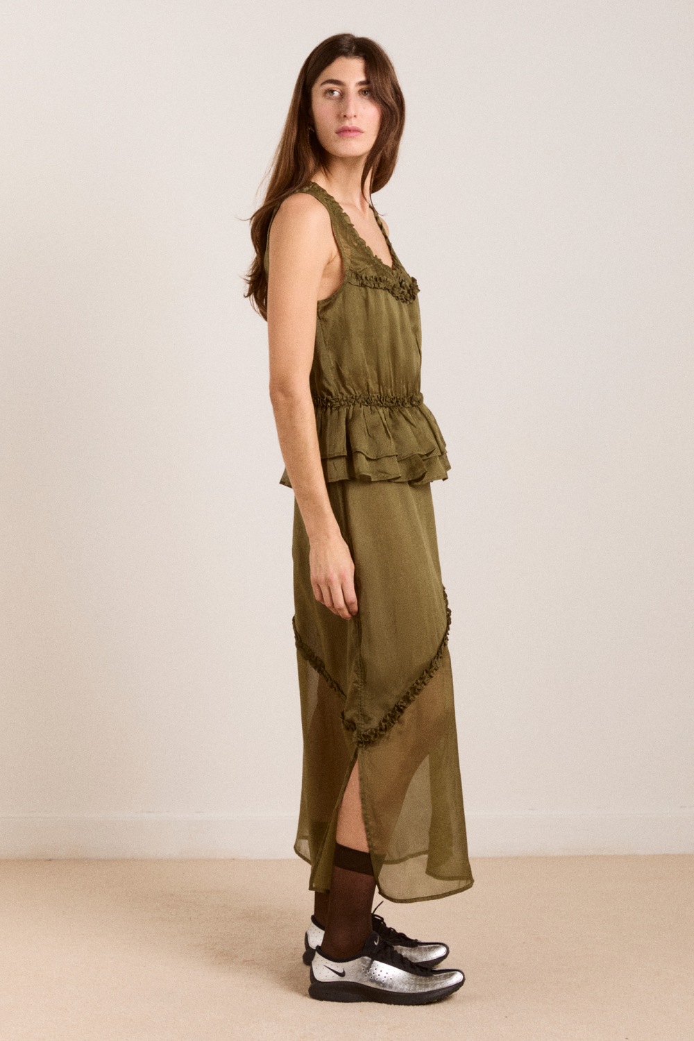sasha ruffle slip dress with cami - sheer olive