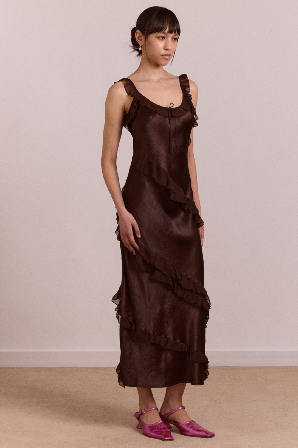 pre-order carmen midi ruffle dress with sheer top - choc