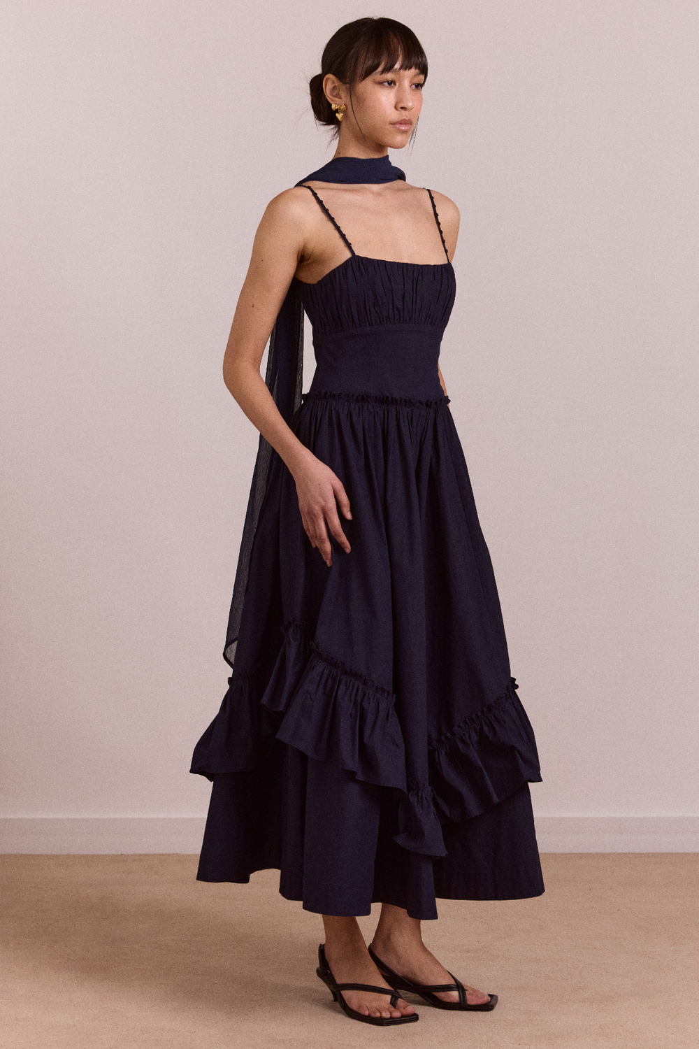 Juno Midi Dress With Sheer Scarf- Navy Damson Madder Juno Midi Dress With Sheer Scarf- Navy Damson Madder