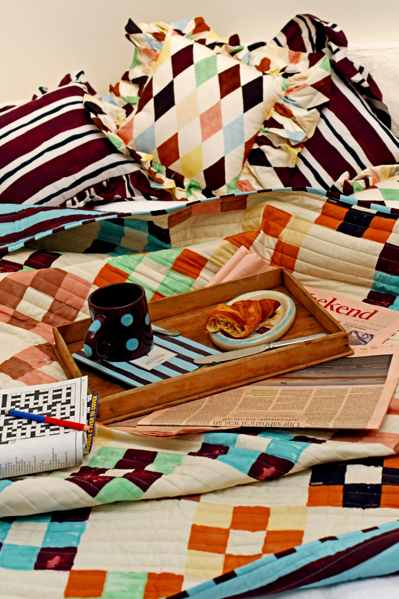 bedding throw house motif – Damson Madder - Main Image