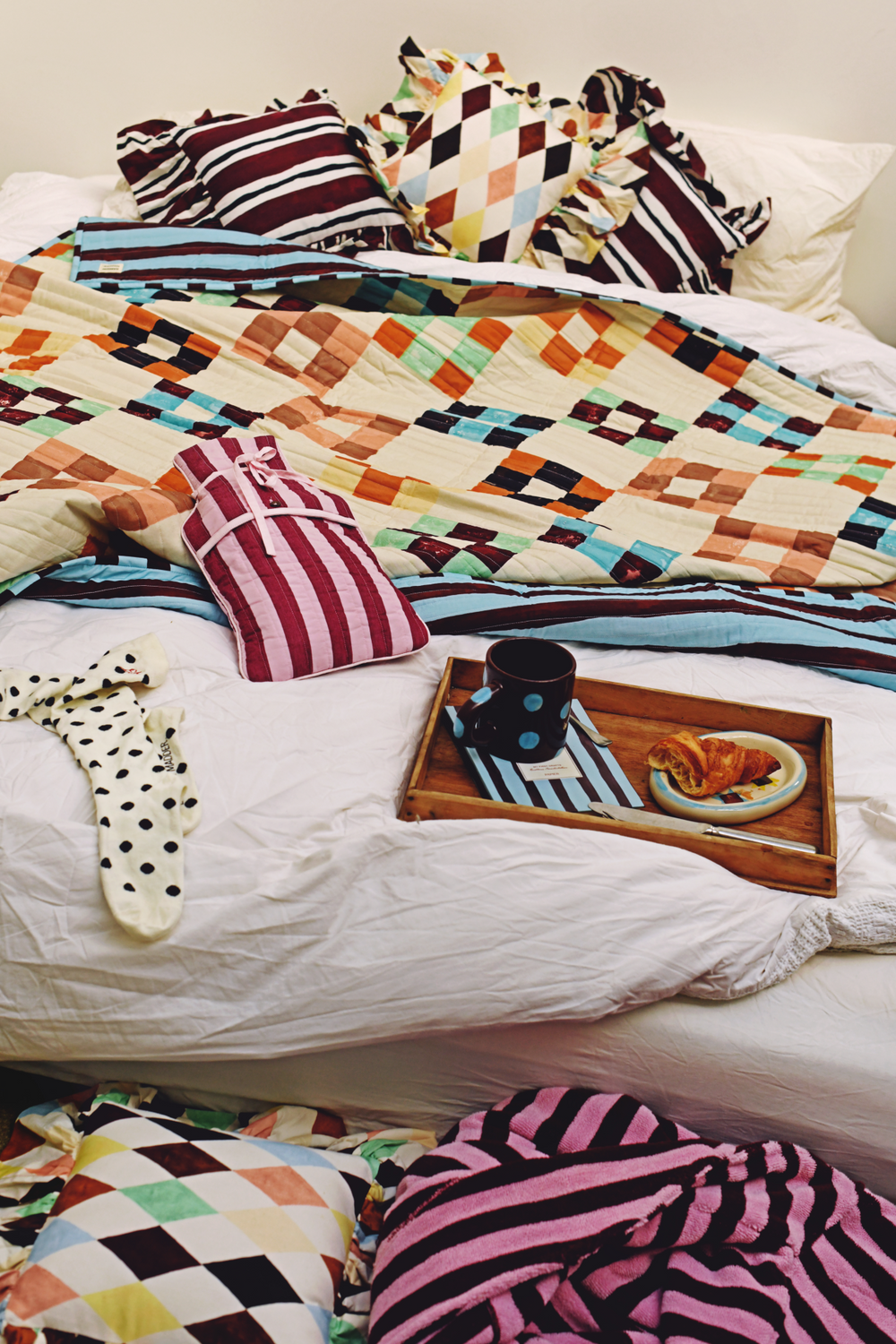 patchwork print and stripe mix quilted bedding throw