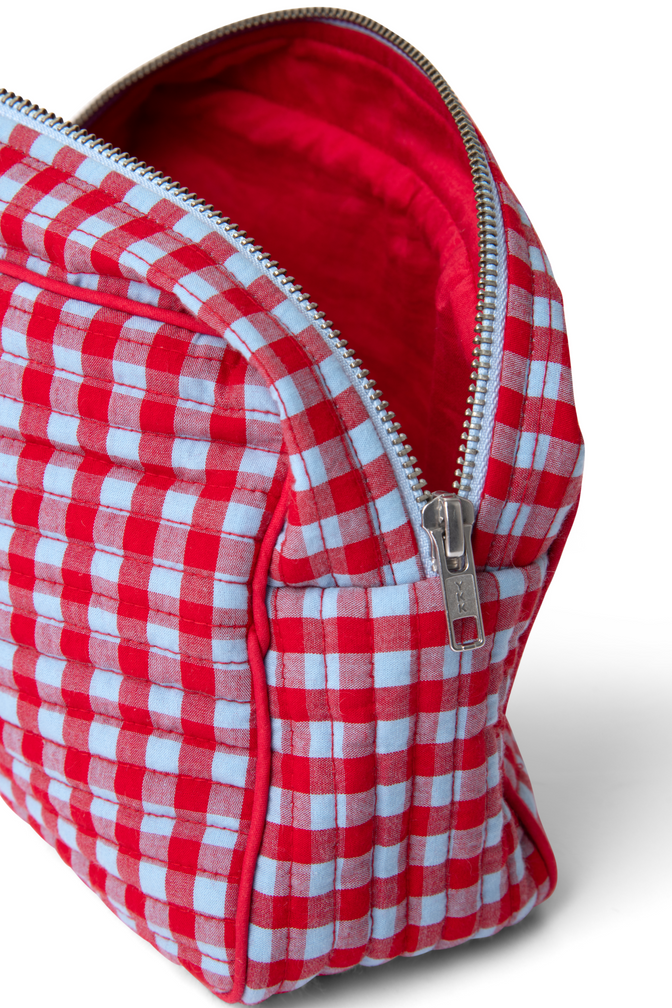 make up bag - blue and red gingham