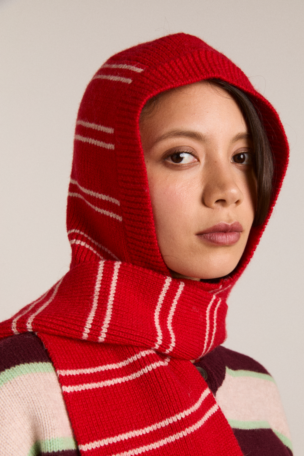 hooded scarf - red & oatmeal stripe