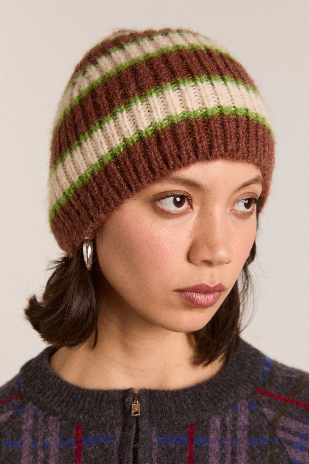 stripe beanie - oat/burg/lime