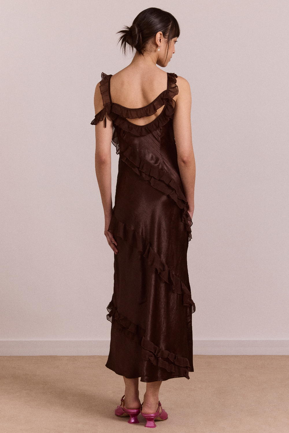 pre-order carmen midi ruffle dress with sheer top - choc