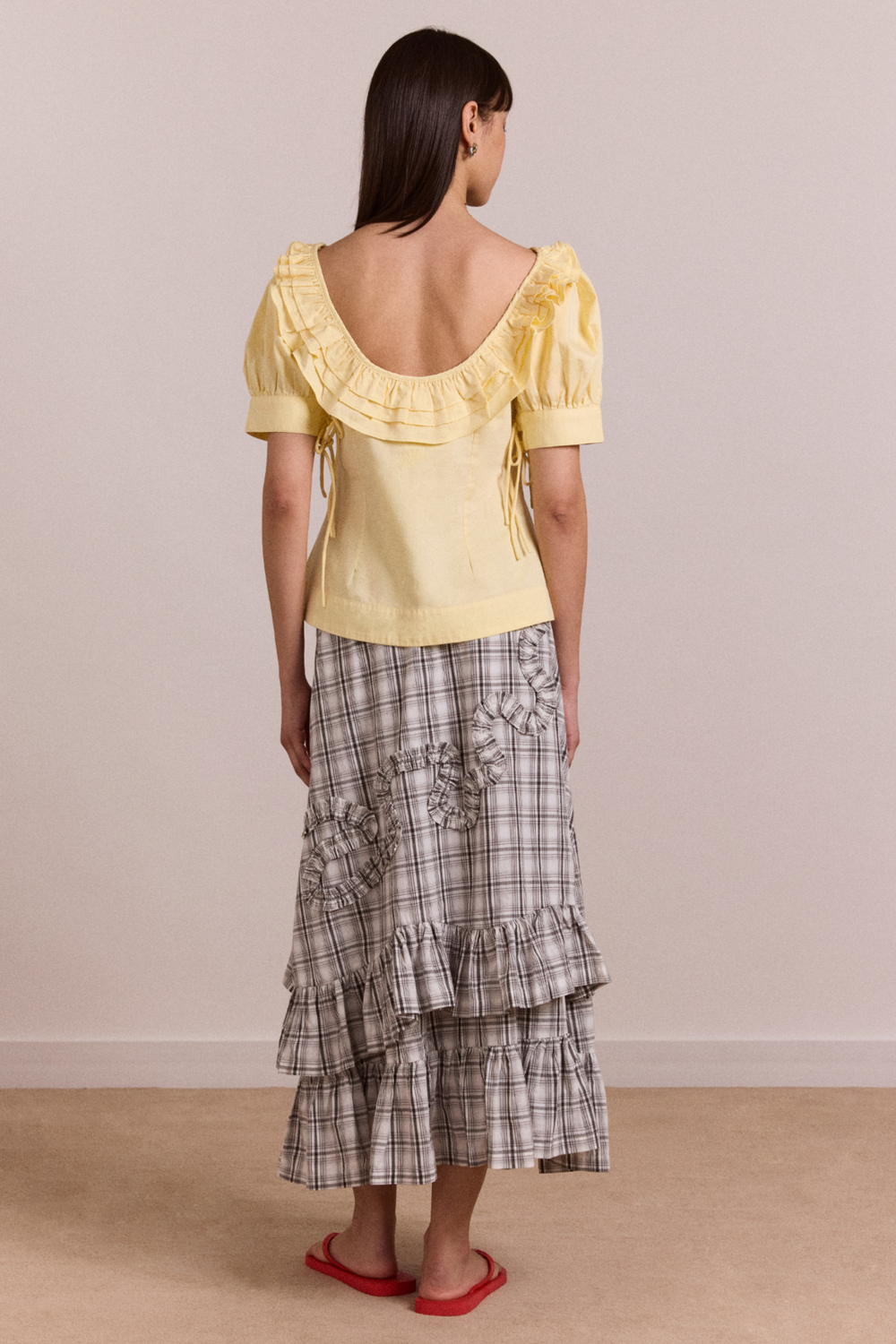 catie ruffle midi skirt - greyscale check