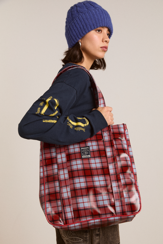 Coated market bag in blue fog multi check