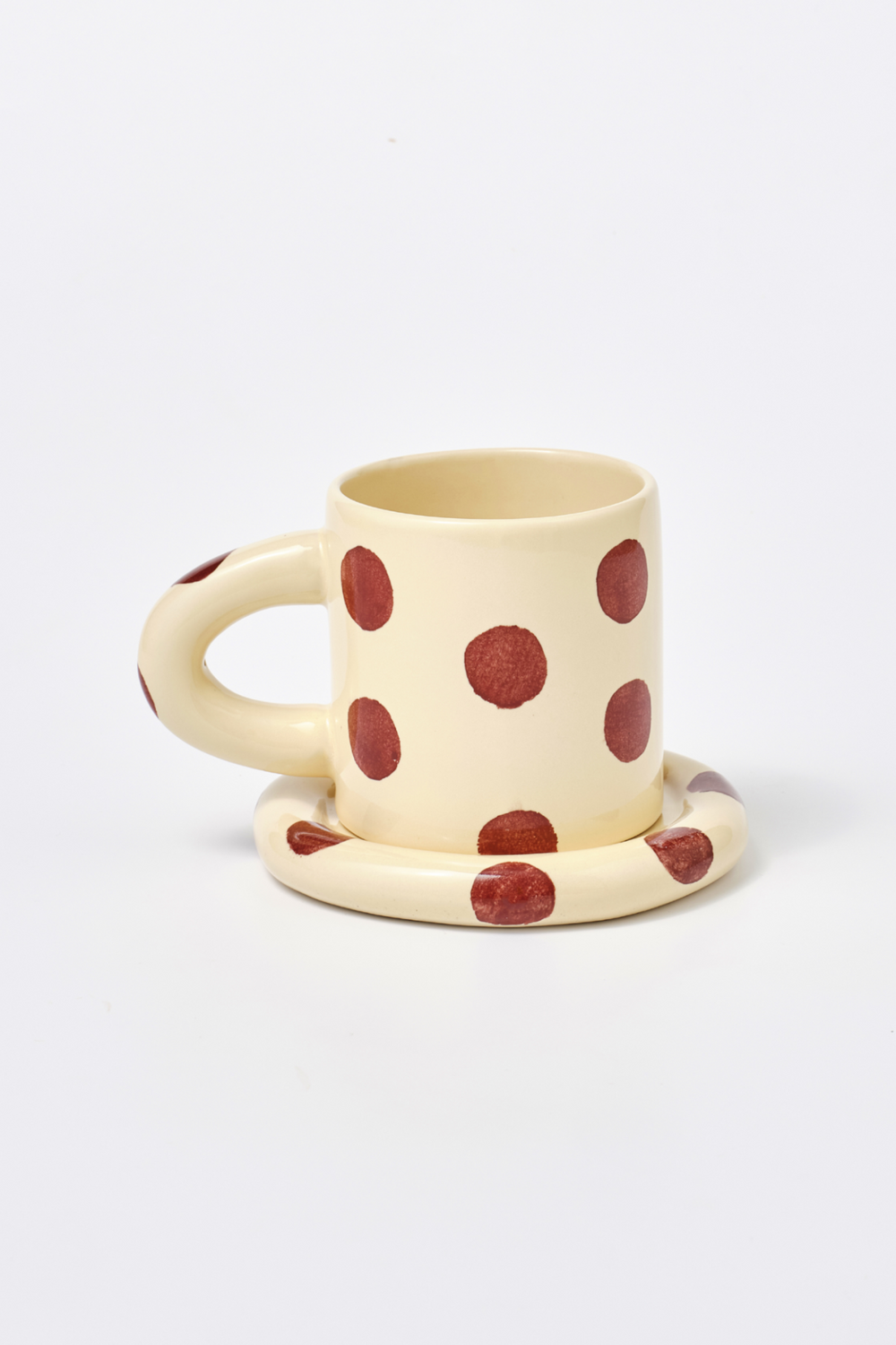 hand painted butter yellow burgundy spot saucer