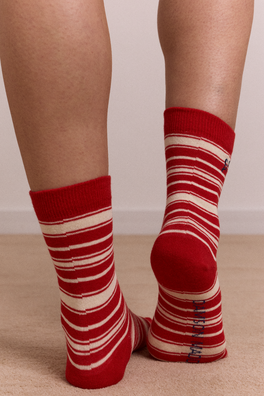 calf length socks - cream & red stripe