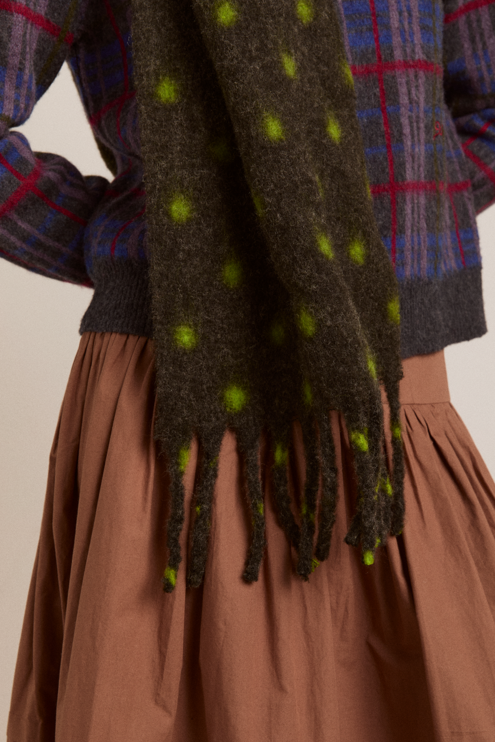 brushed oversized scarf in charcoal & lime spot