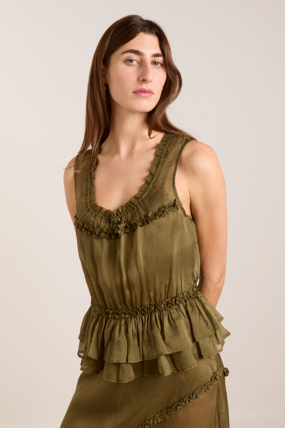 sasha ruffle slip dress with cami - sheer olive