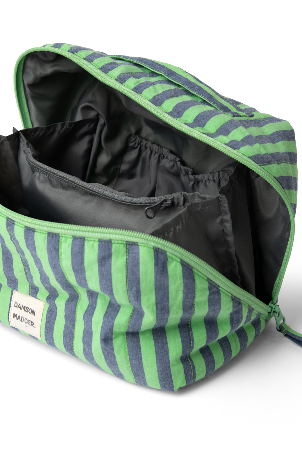 quilted make up bag - navy pop green stripe