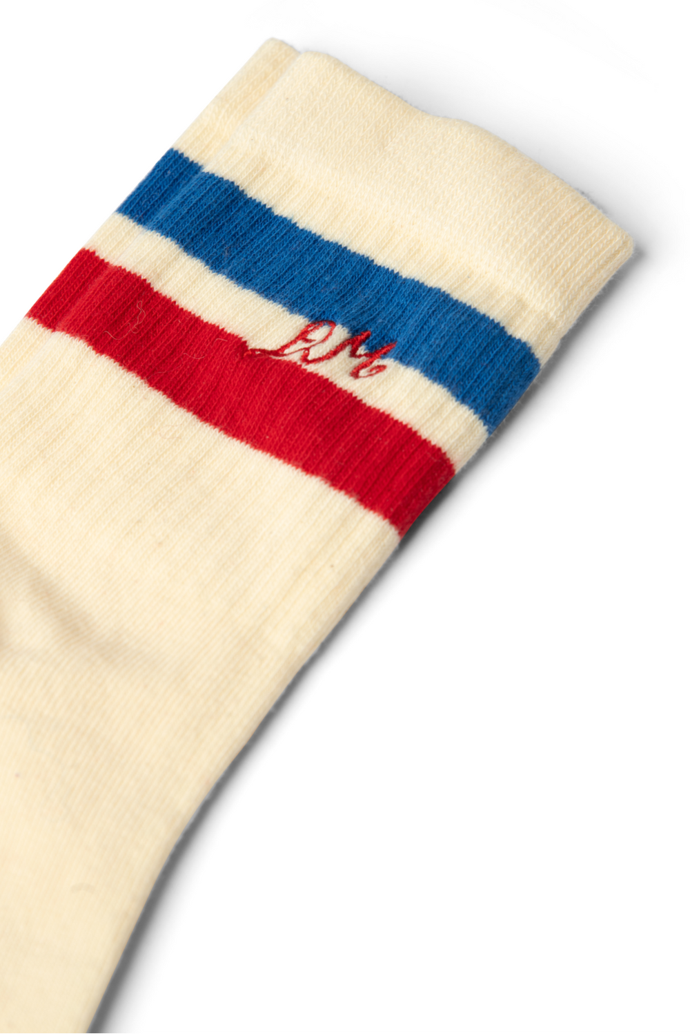 sporty calf length socks in cream - blue & red stripe