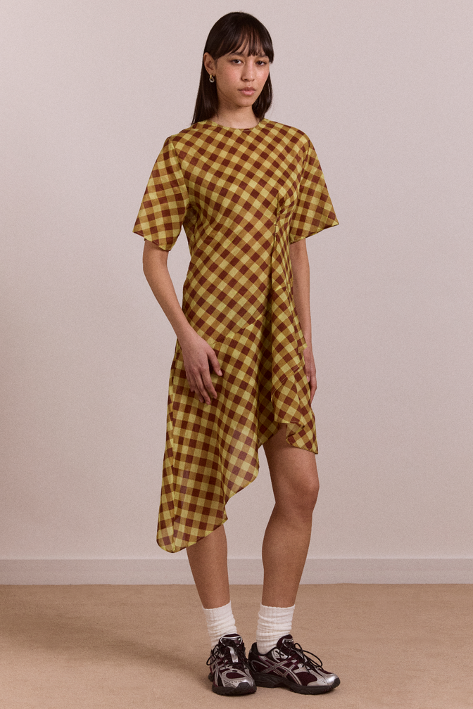 harmony sheer midi dress - choc avo gingham