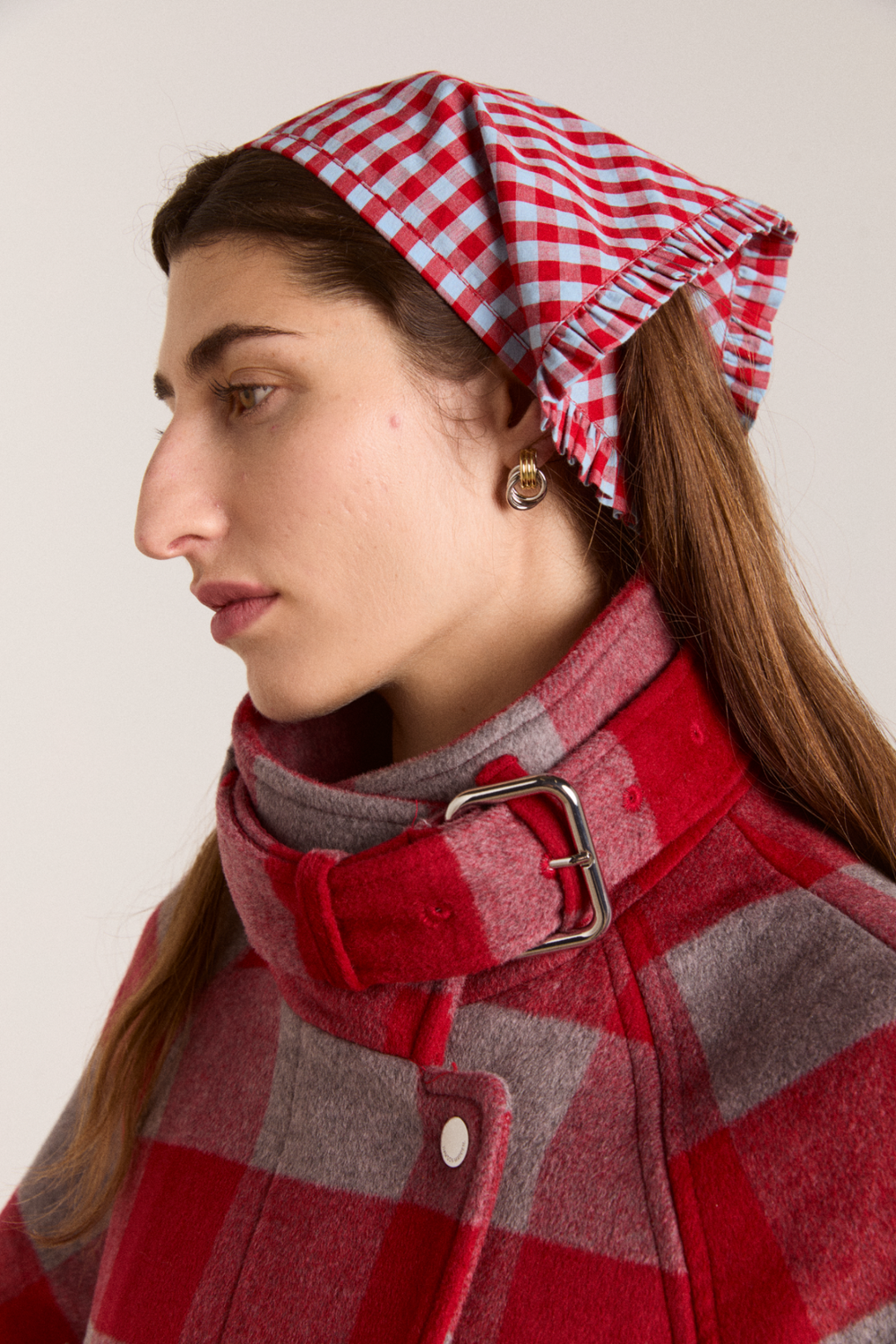 tie head scarf - red/blue gingham