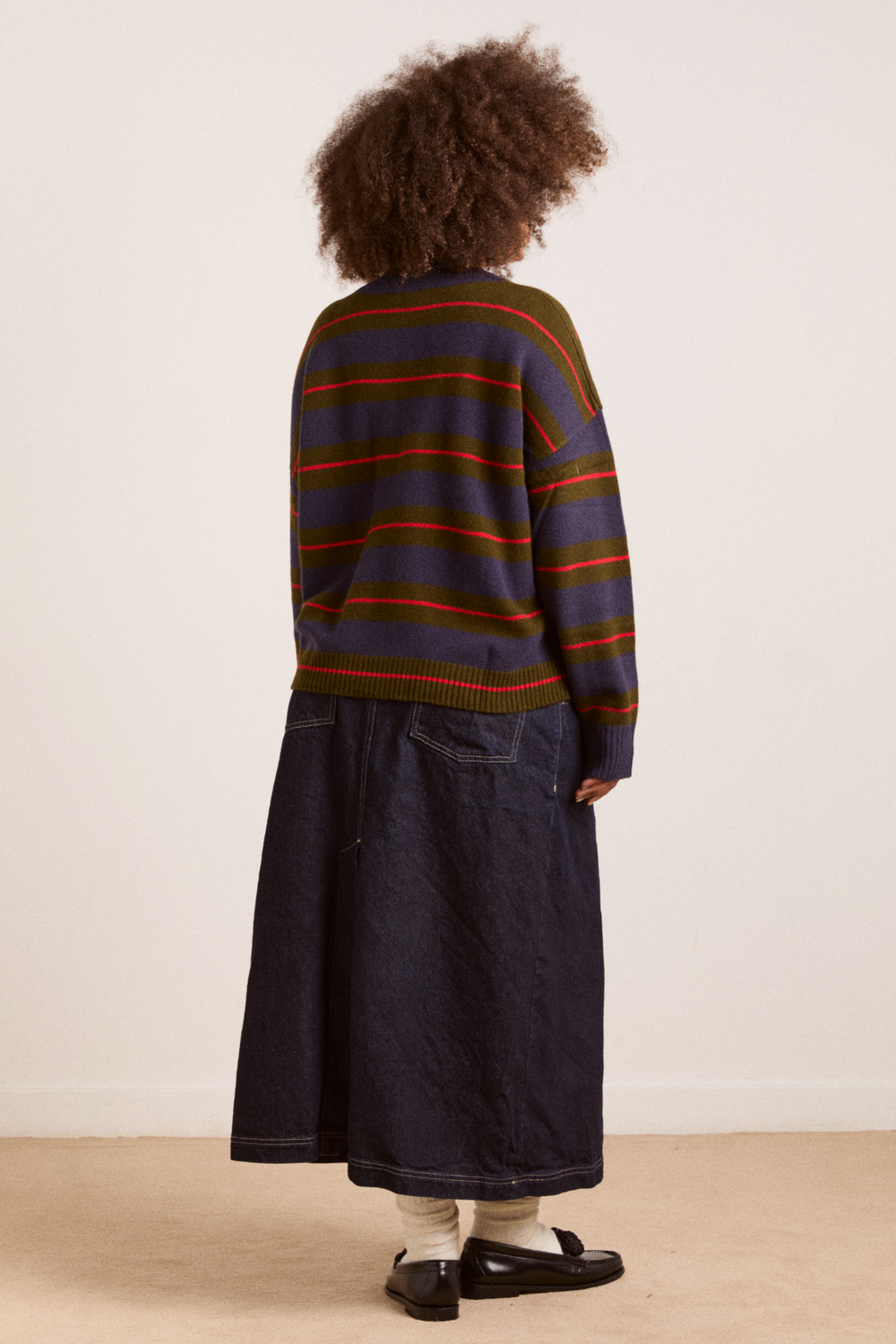 odette v-neck merino wool jumper-olive/navy stripe