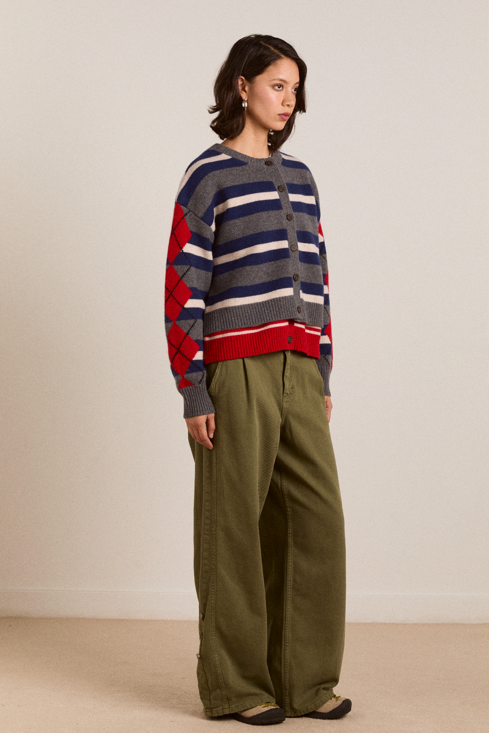 didi merino wool double cardigan - navy argyle & stripe