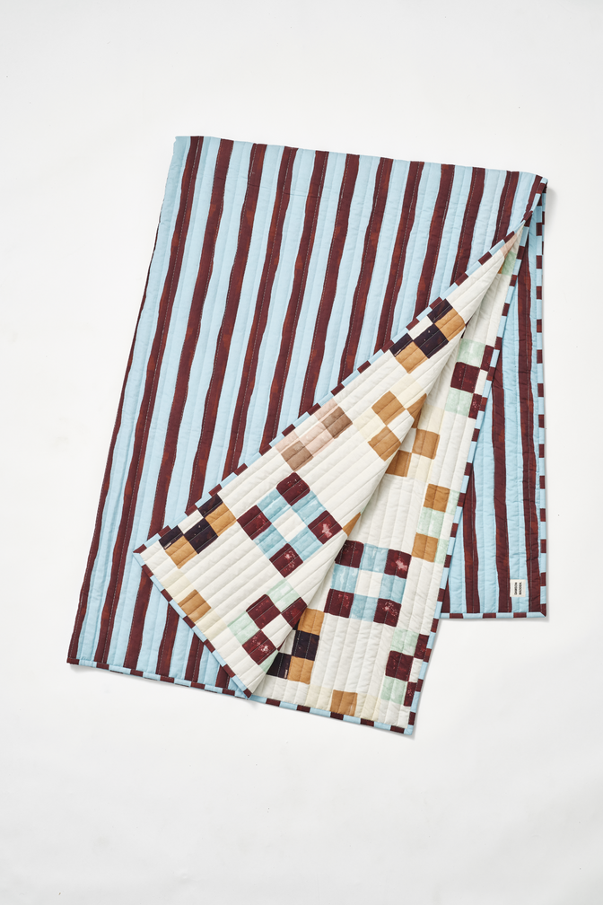 patchwork print and stripe mix quilted bedding throw