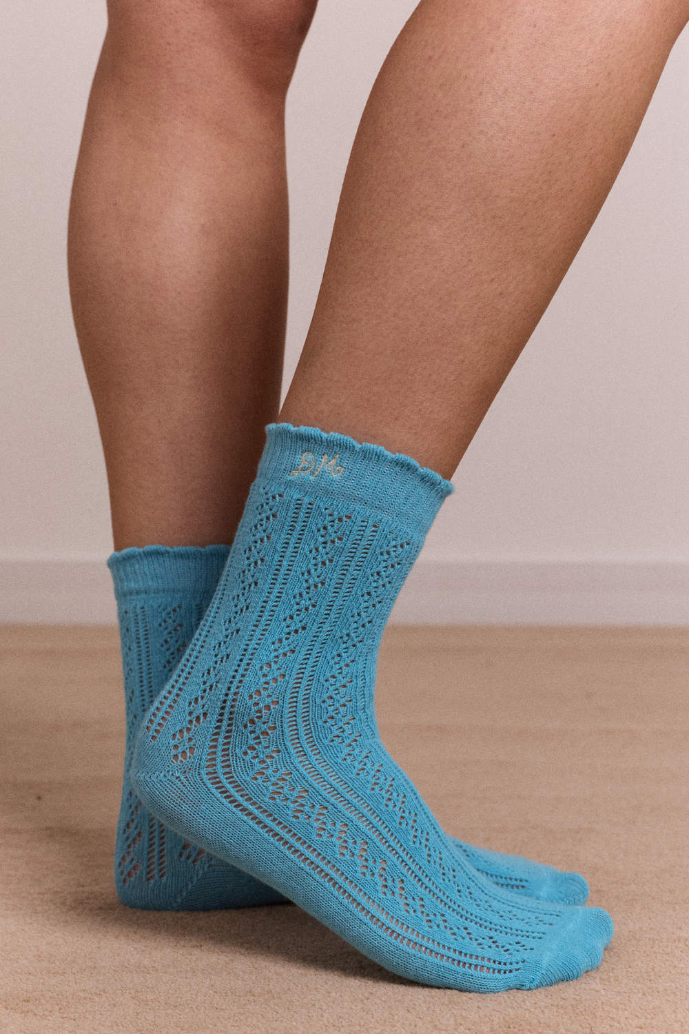 calf length 2 pack pointelle socks- celery & aqua