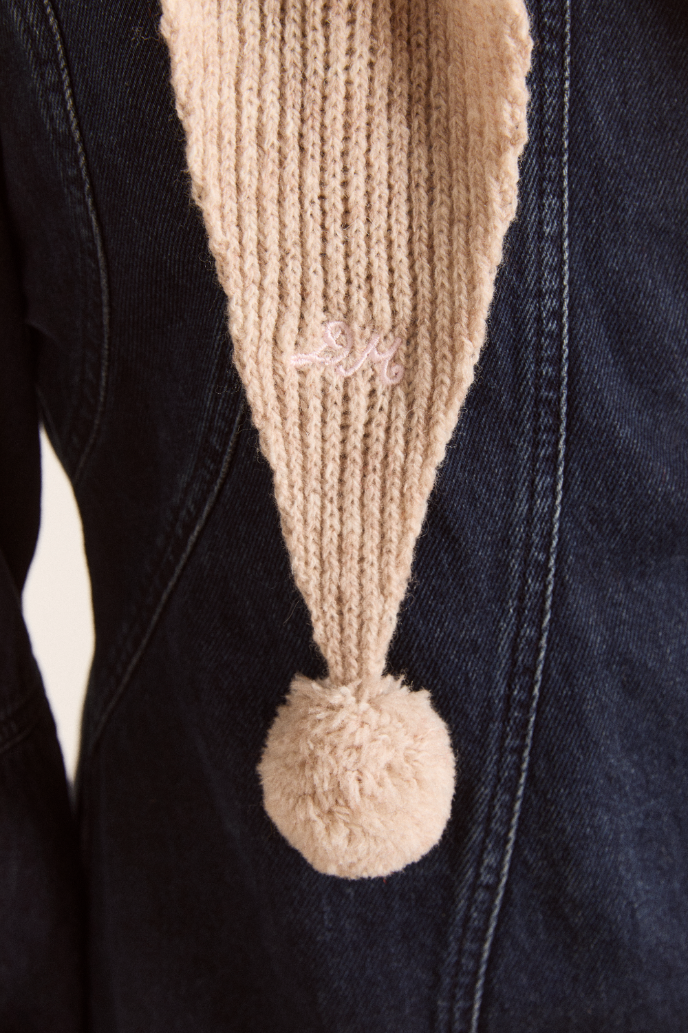 tie front hood with pom pom detail - oatmeal