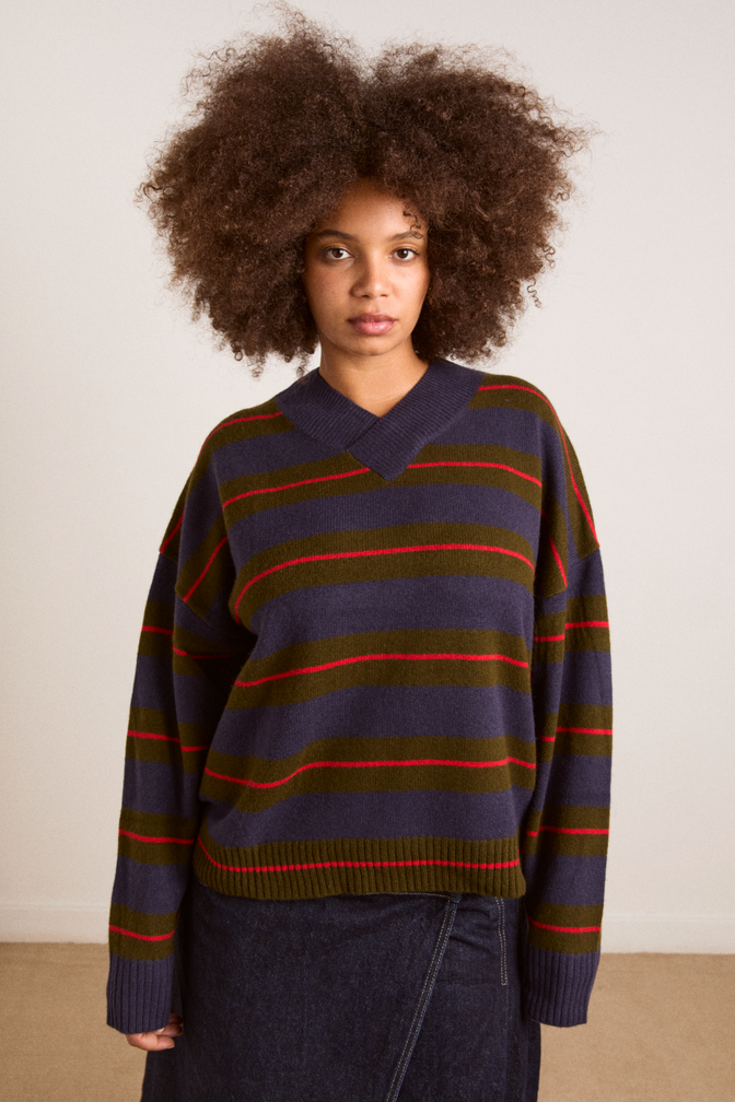 odette v-neck merino wool jumper-olive/navy stripe