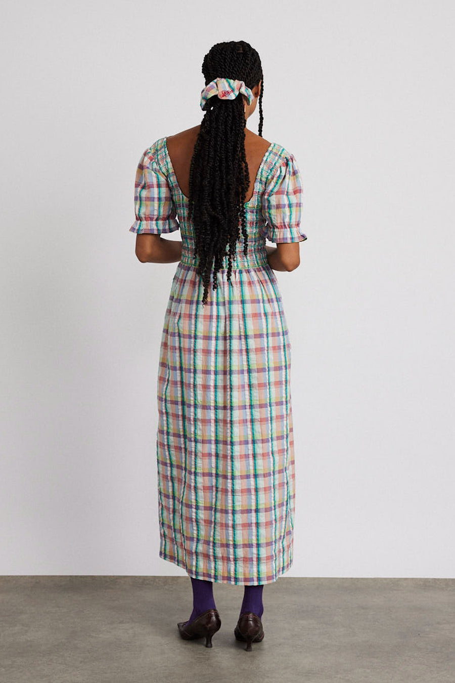 luna shirred midi dress - picnic check