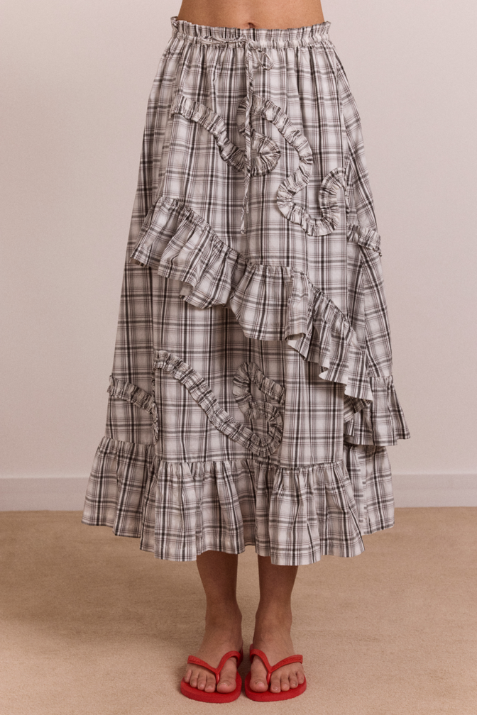catie ruffle midi skirt - greyscale check